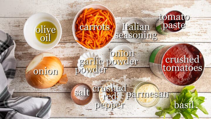 Tomato sauce ingredients with text labels.