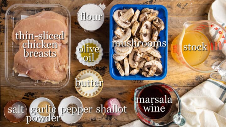 Ingredients for making chicken marsala, with text labels.
