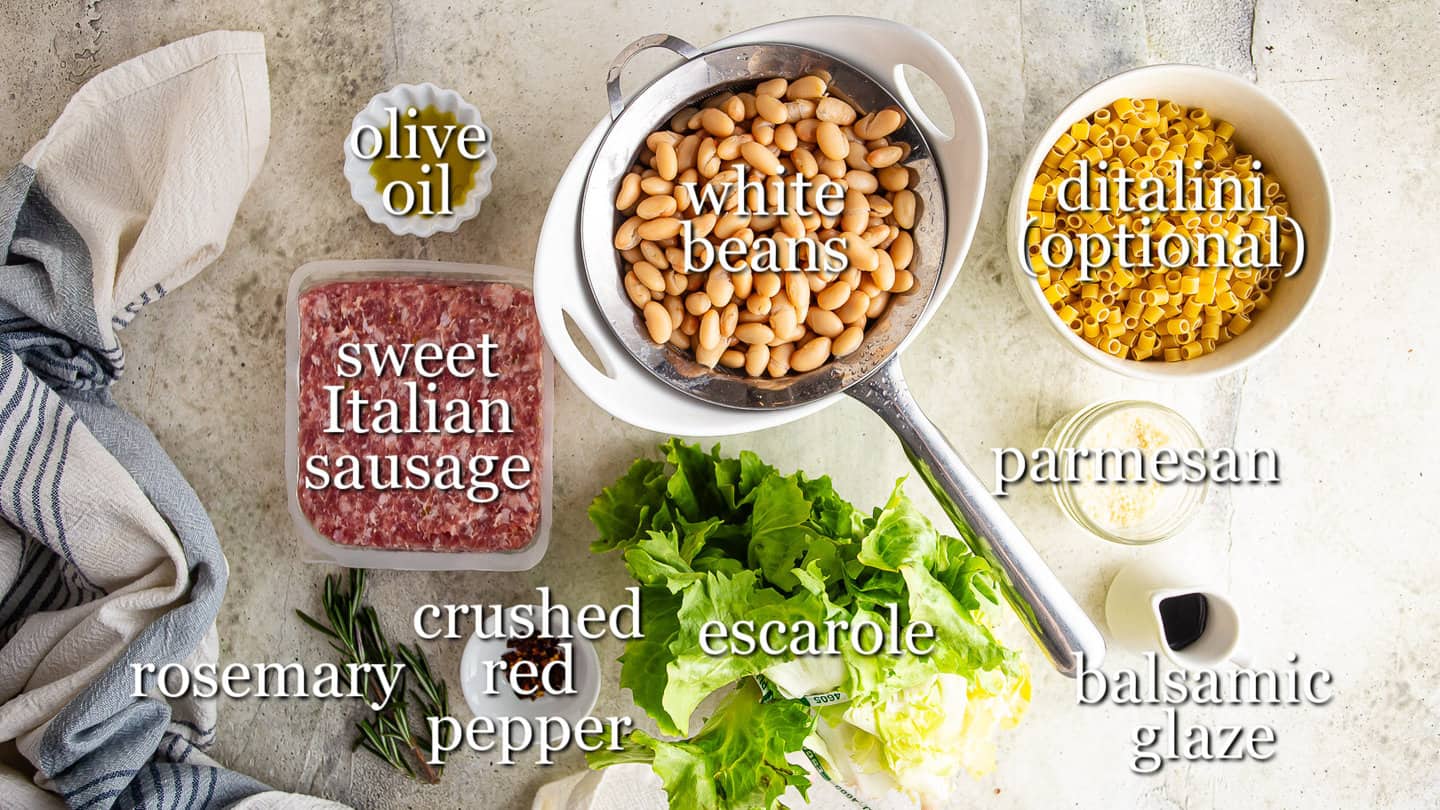 Ingredients for making white beans and greens, with text labels.