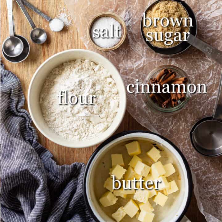 Ingredients for making streusel, with text labels.