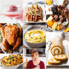 Square image collage of typical holiday food items and Allie from Baking a Moment