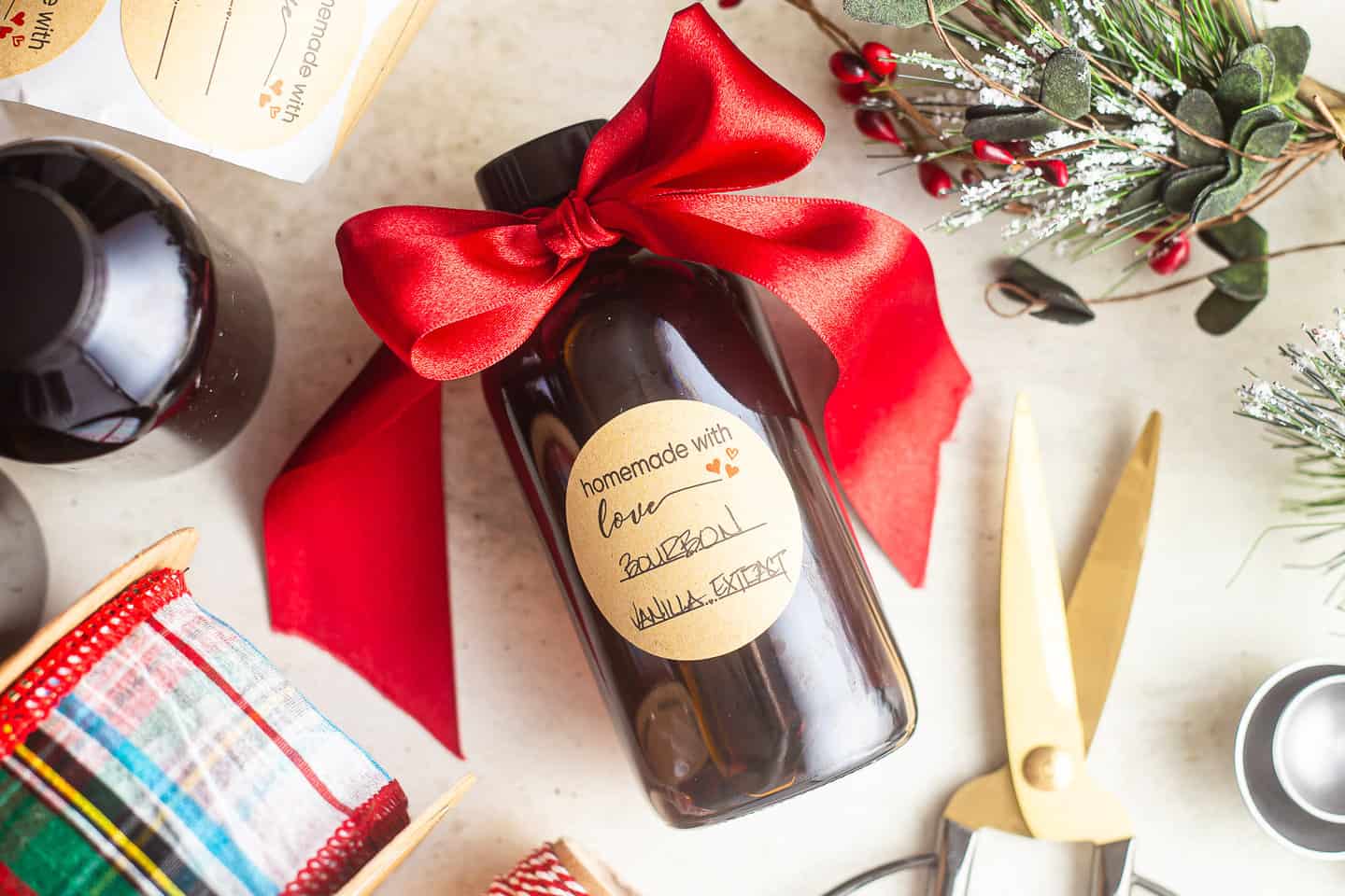 Vanilla extract recipe made and bottled with gift tag and ribbon.