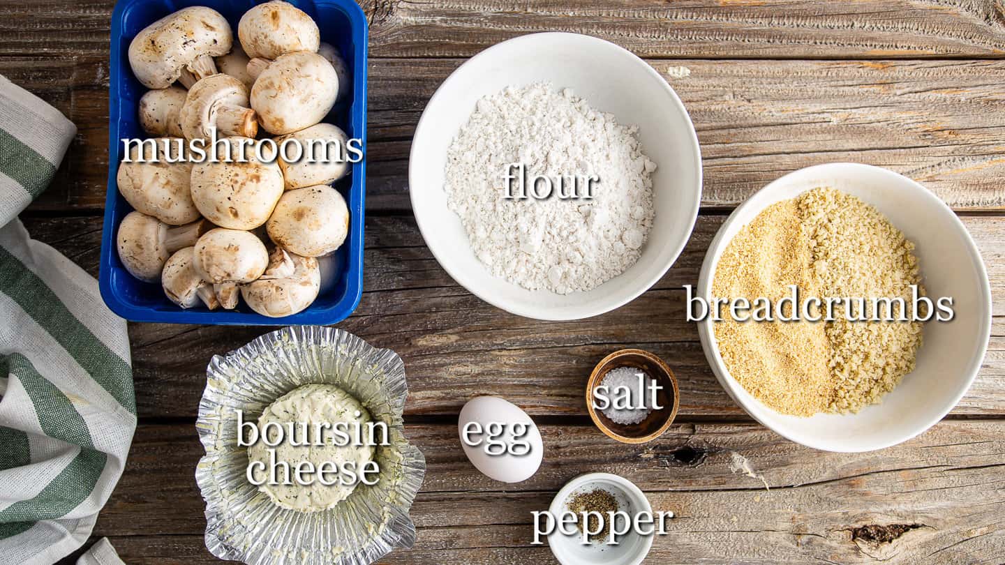 Ingredients for making stuffed mushrooms, with text labels.