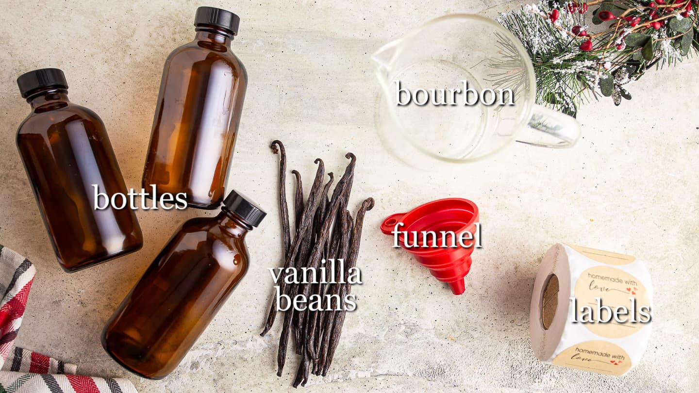 Supplies and ingredients needed to make vanilla extract, with text labels.