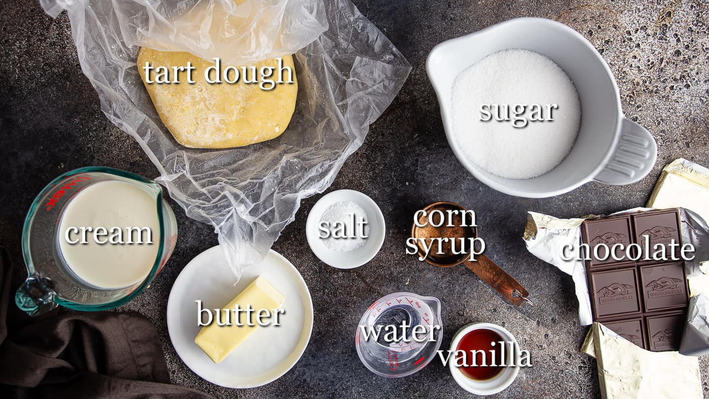 Ingredients for making chocolate caramel tart, with text labels.