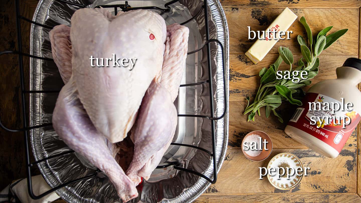 Ingredients for making Thanksgiving turkey, with text labels.