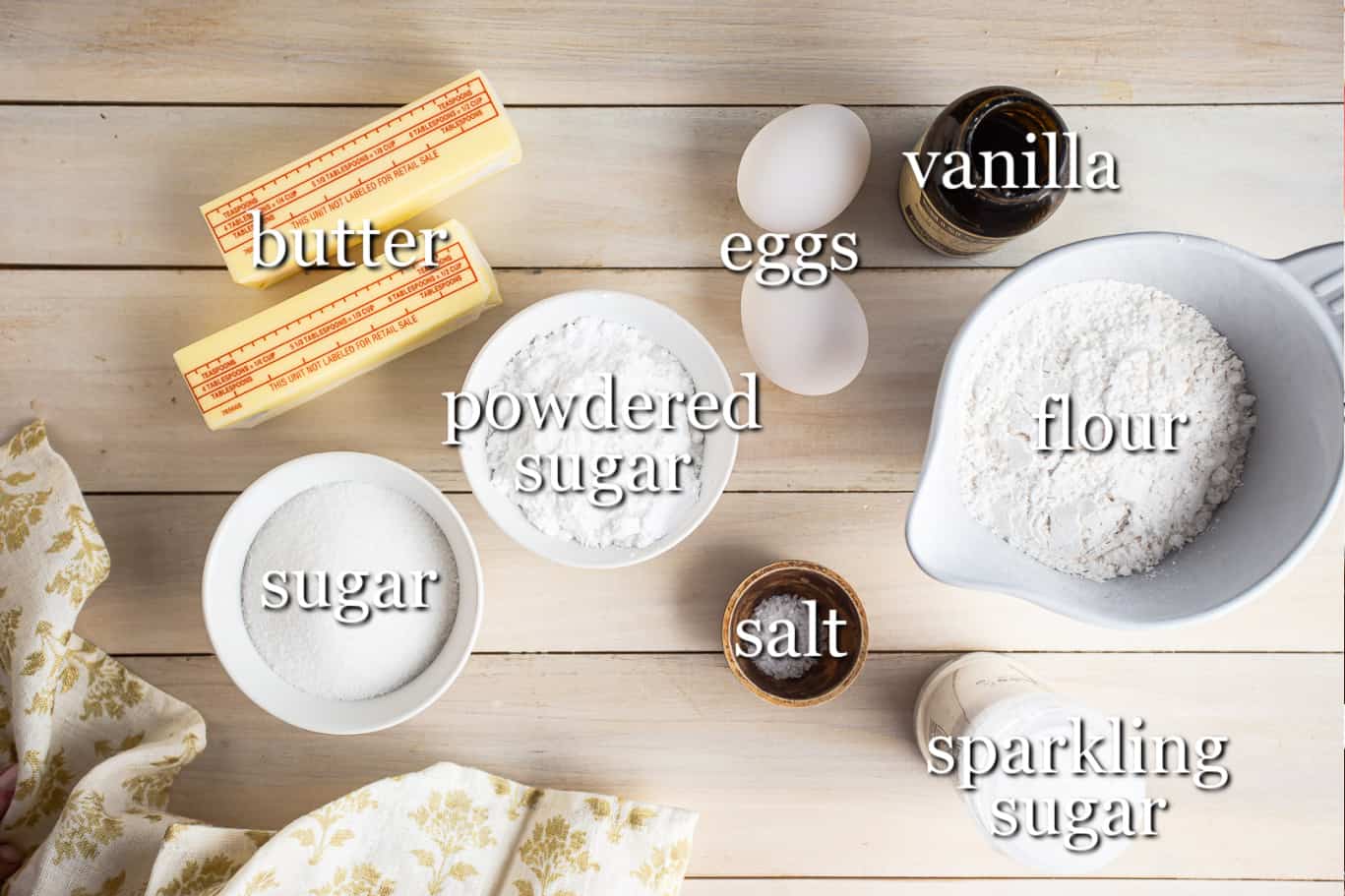 Ingredients for making butter cookies, with text labels.