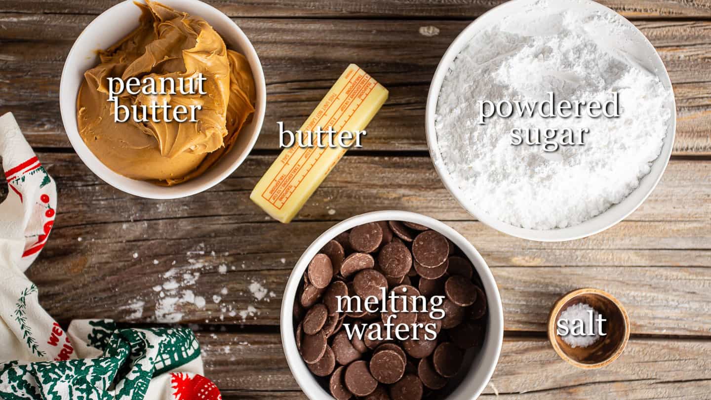 Ingredients for making buckeye candy, with text labels.