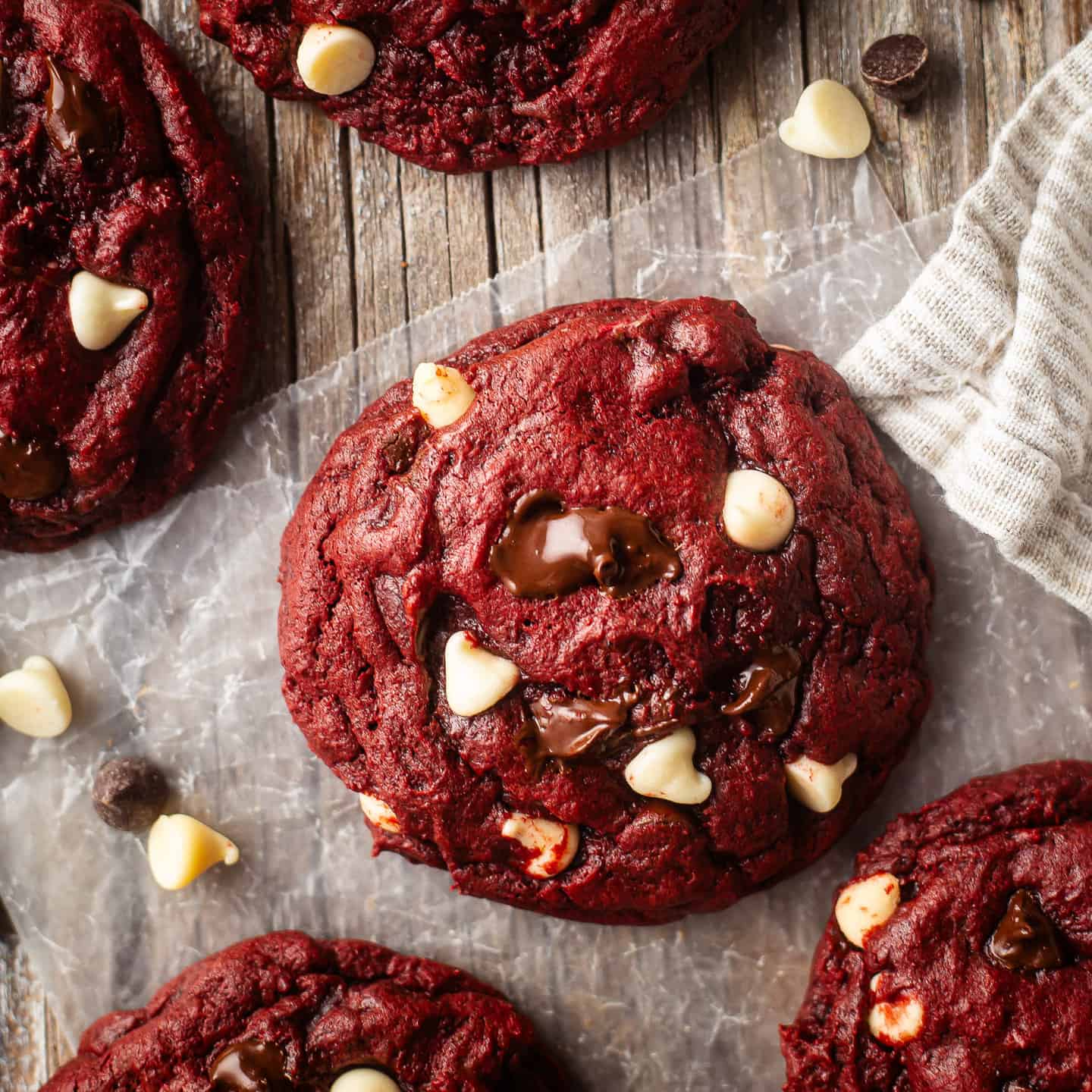 Red velvet chocolate chip cookies with white and dark chocolate chips.