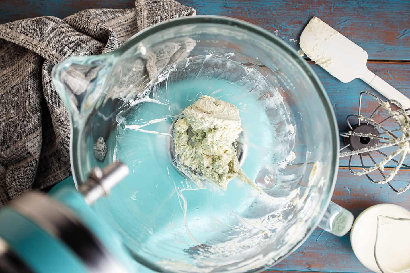 Blue cheese, cream cheese, and seasonings, blended together and scraped down from the sides of the bowl with a silicone spatula.
