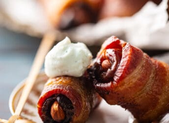 Bacon wrapped dates with a dollop of whipped blue cheese.