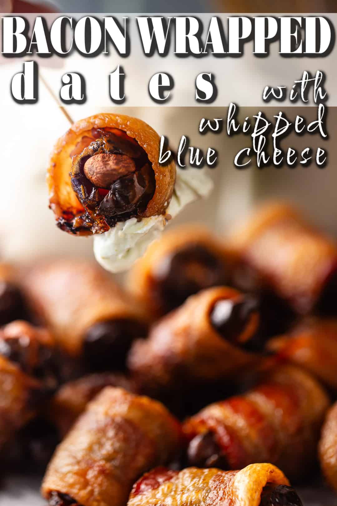 Bacon wrapped dates recipe, prepared and served with whipped blue cheese dip.