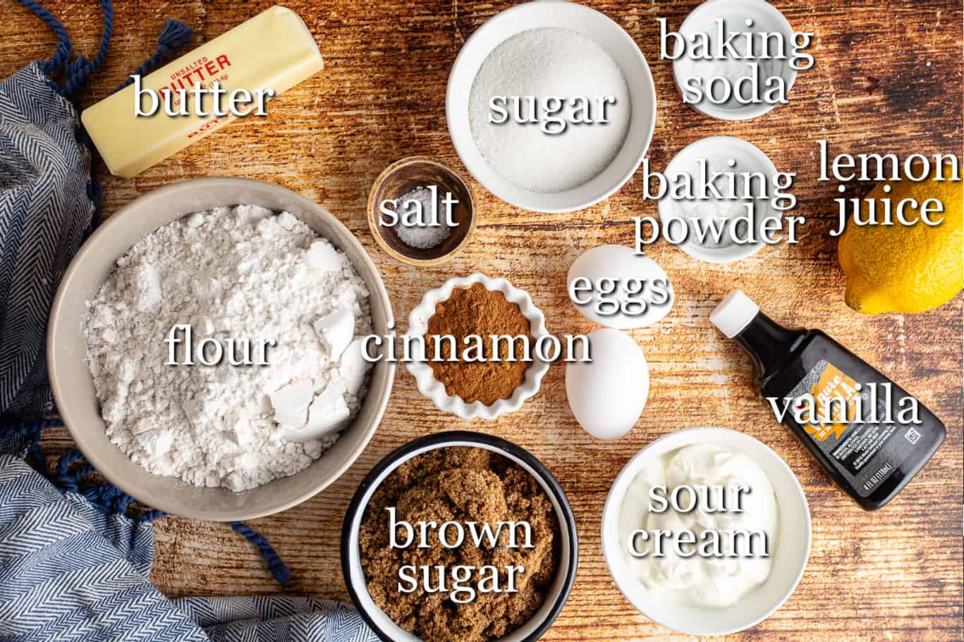 Ingredients for making cinnamon crumb cake, with text labels.