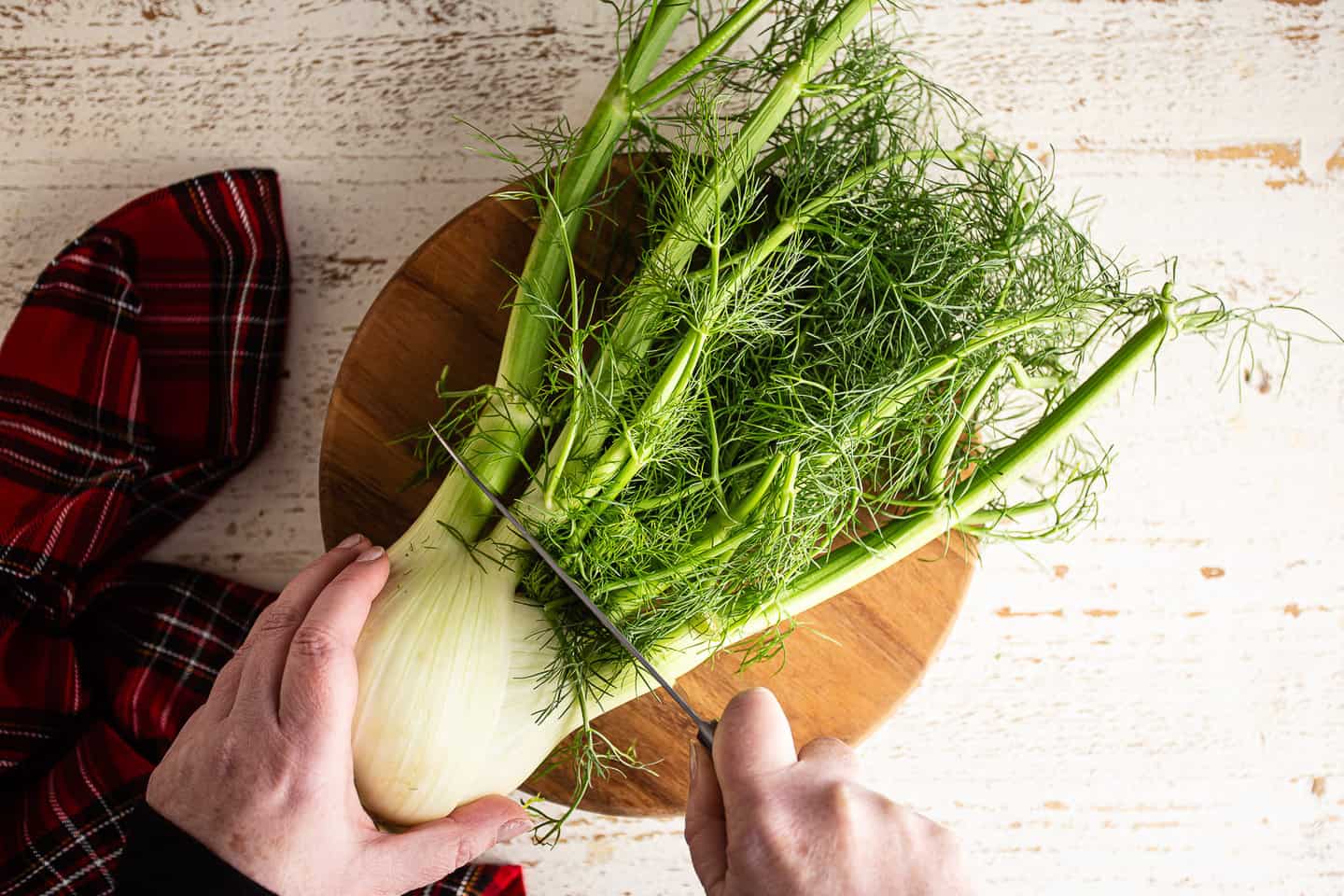 Cutting off the top of the fennel bulb.