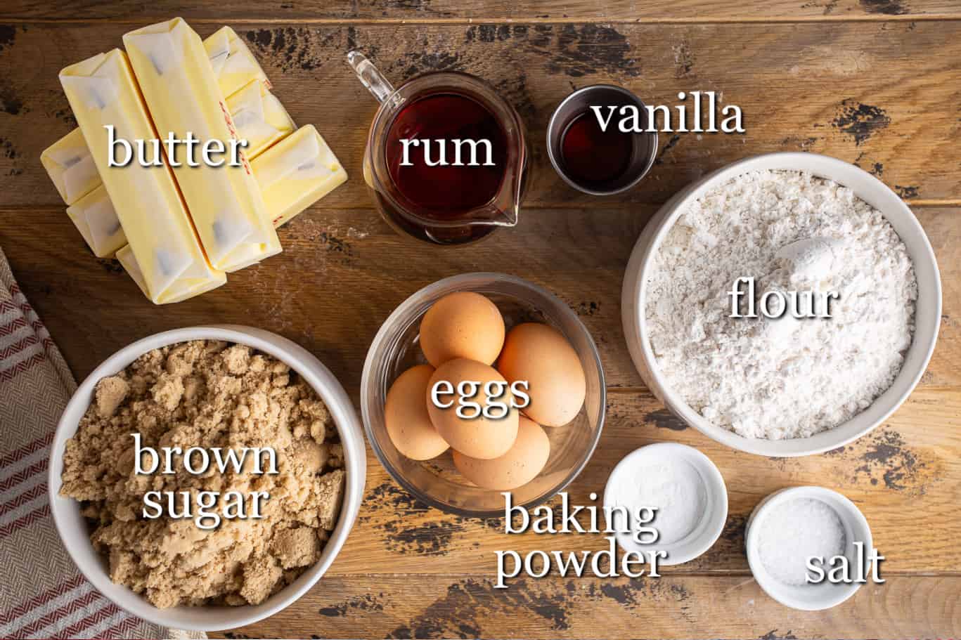 Ingredients for making rum cake, with text labels.