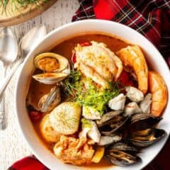 Seafood cioppino with fennel and tomato broth.