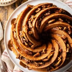 Rum soaked cake, baked in a spiral bundt pan and drenched in a sticky sweet rum glaze.
