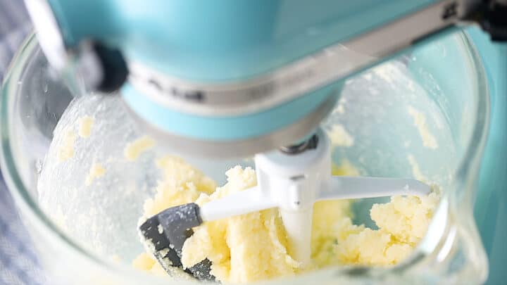 Blending butter and sugar together in a stand mixer.