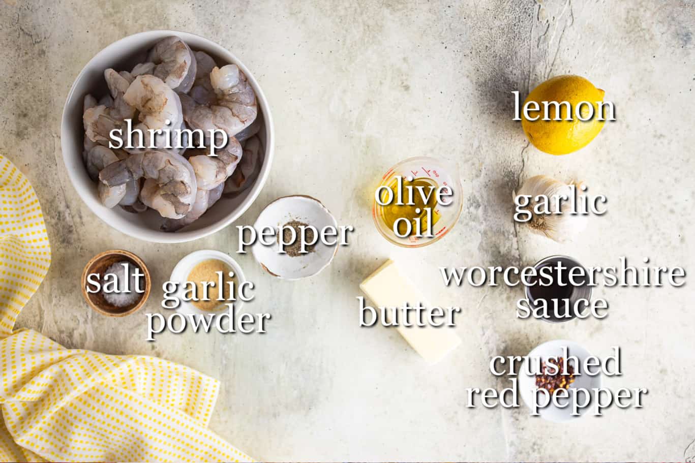 Ingredients for making shrimp scampi, with text labels.