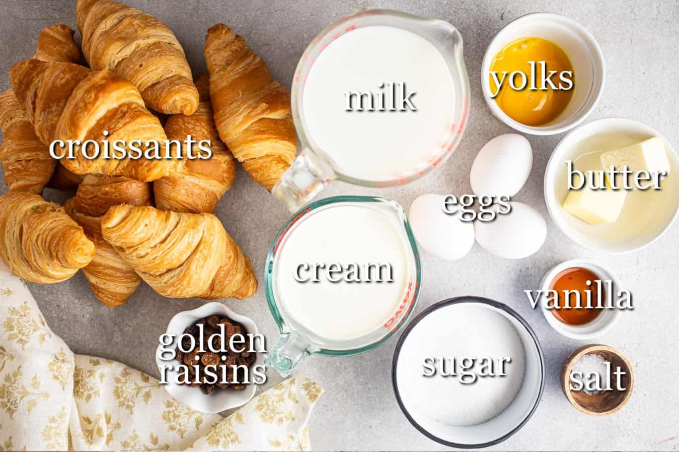 Ingredients for making croissant bread pudding, with text labels.