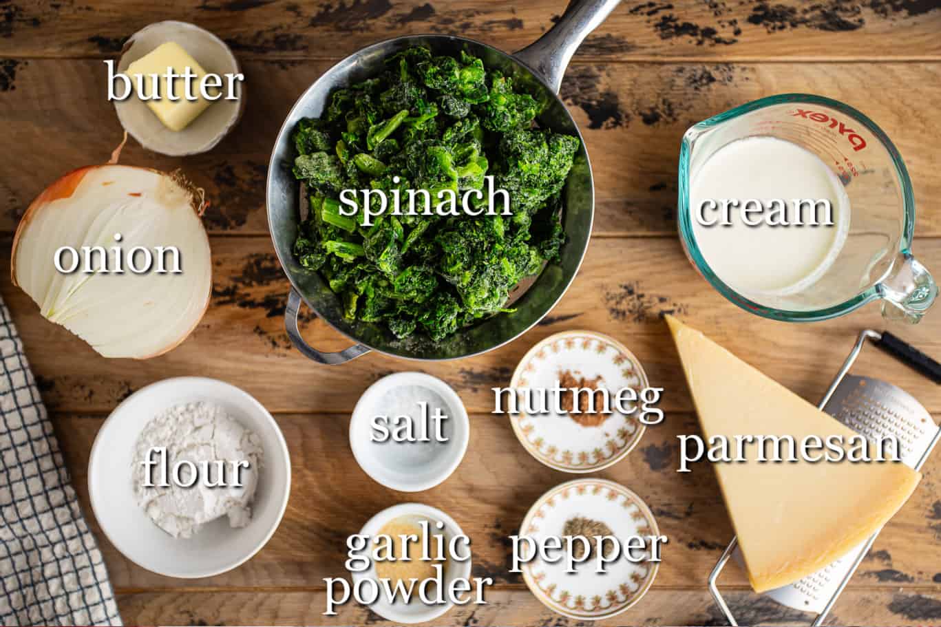 Ingredients for making creamed spinach, with text labels.