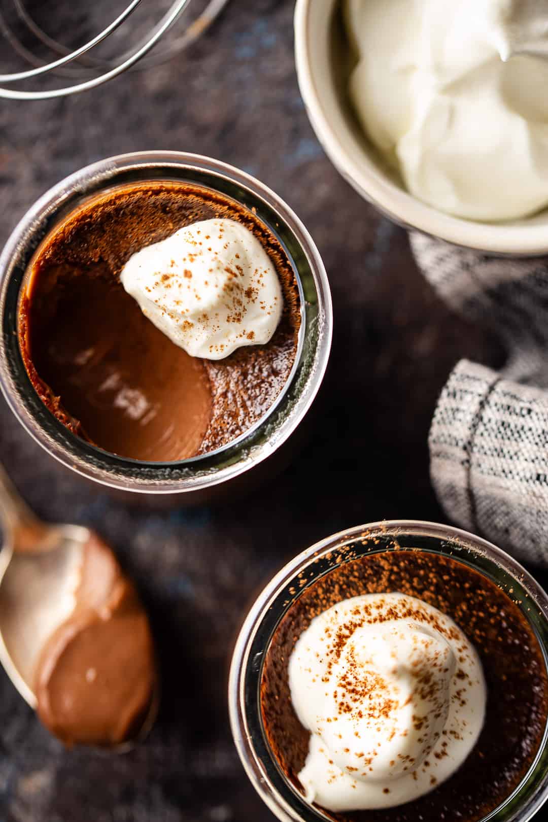 Chocolate pot de creme baked in jars and served with softly whipped cream.