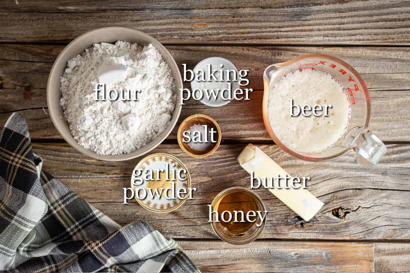 Ingredients for making beer bread, with text labels.