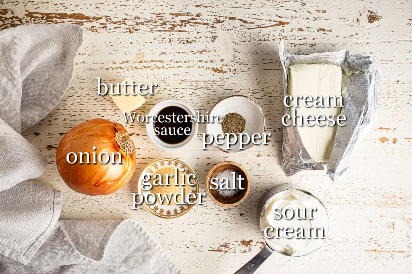 Ingredients for making French onion dip, with text labels.