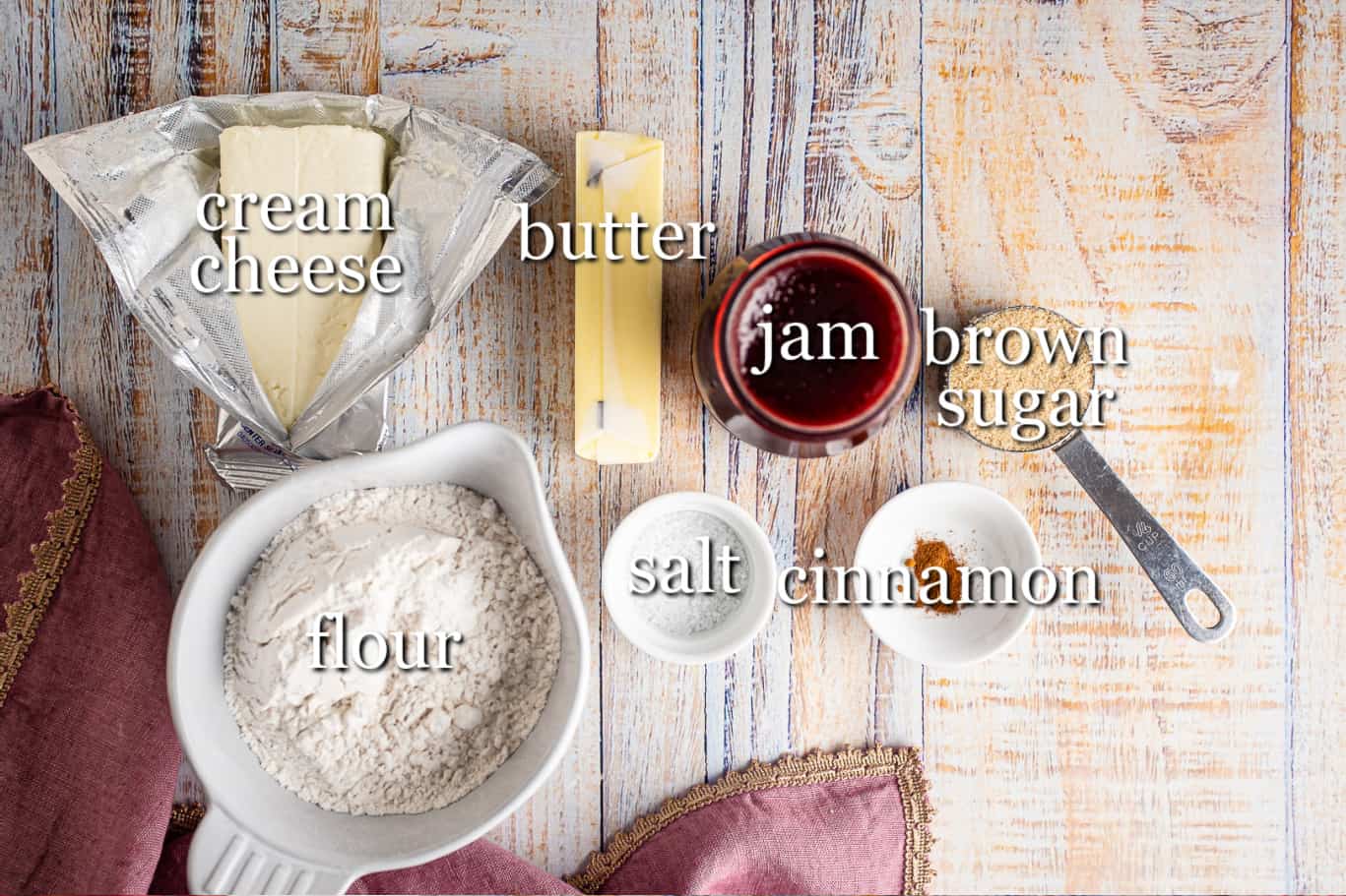 Raspberry tart ingredients with text labels.