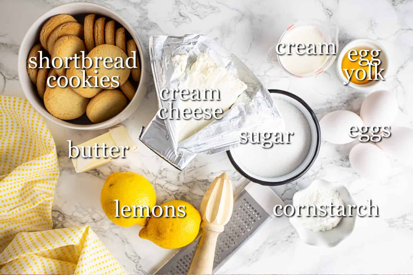 Ingredients for making lemon cheesecake, with text labels.