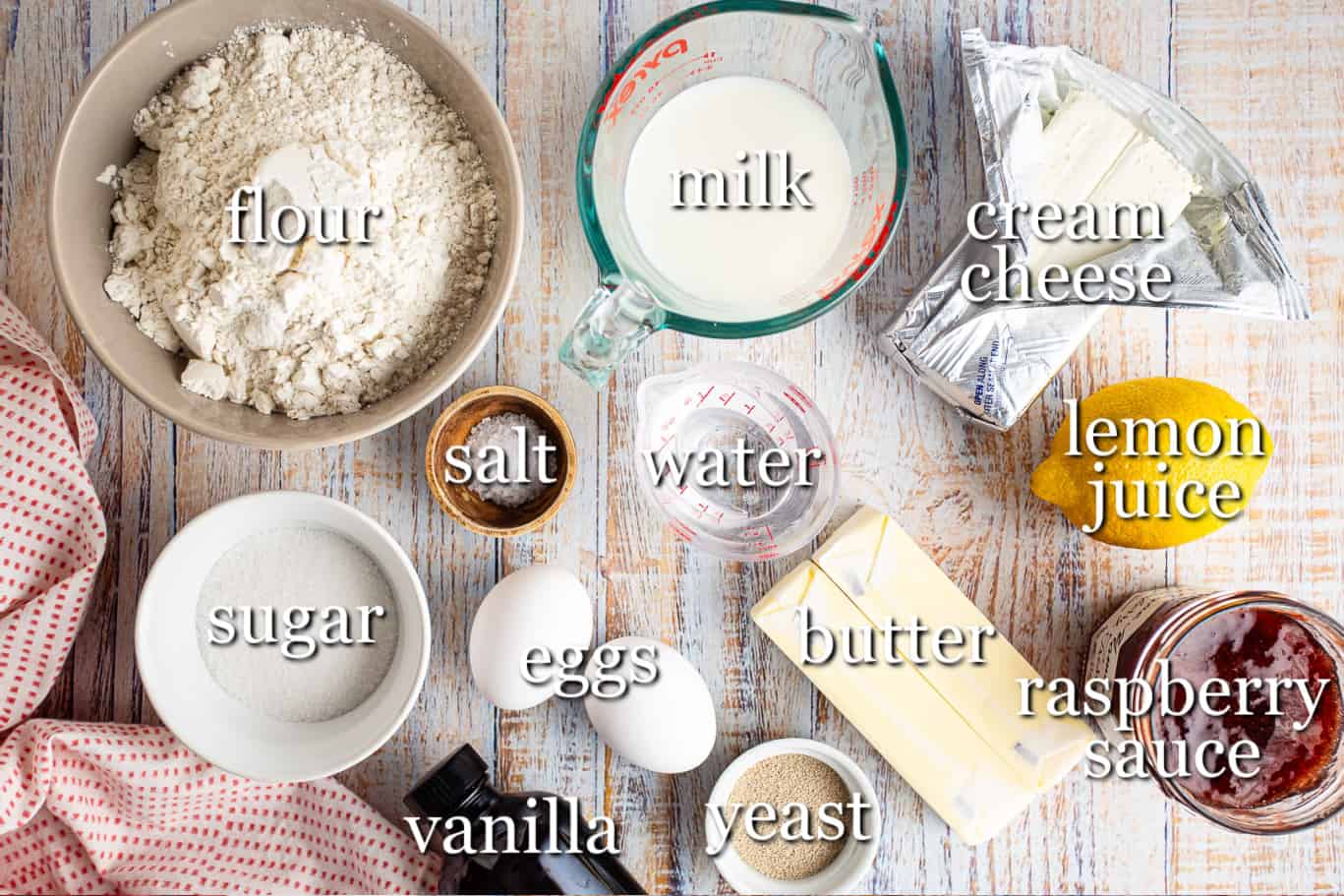 Ingredients for making cheese Danish, with text labels.