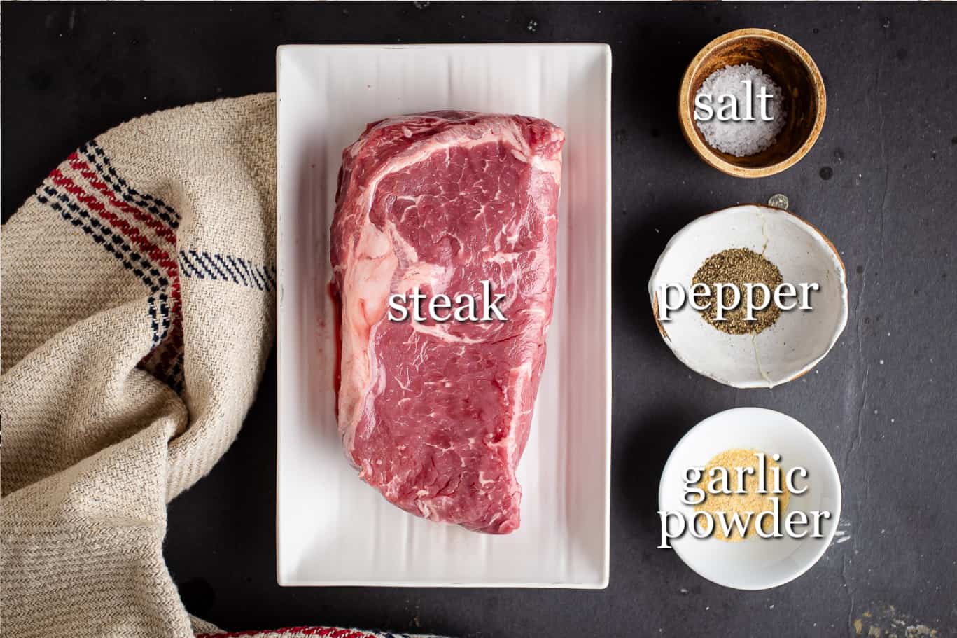Ingredients for making steak, with text labels.