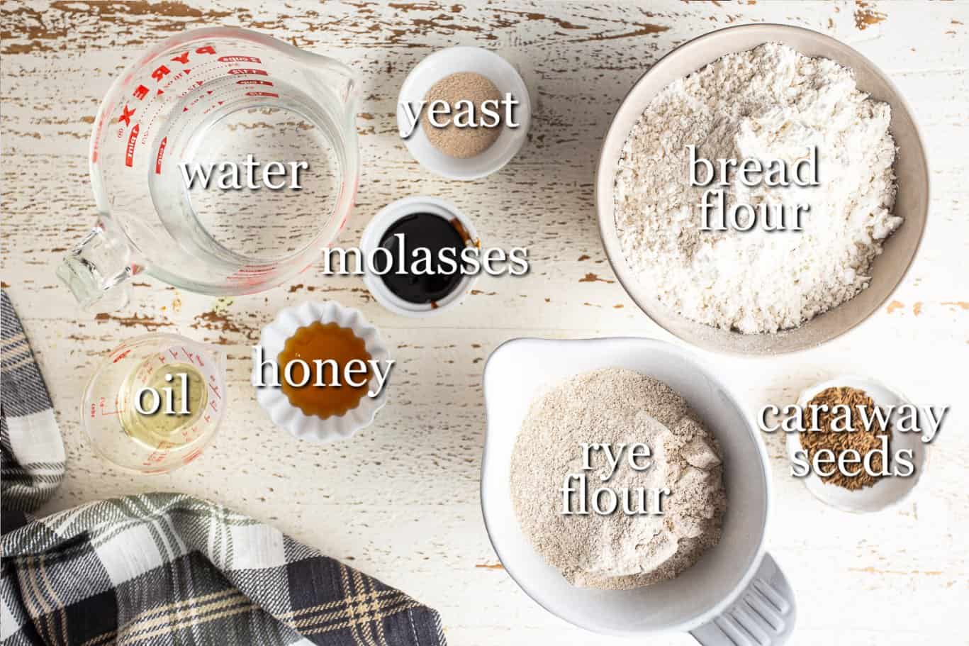 Ingredients for making rye bread, with text labels.