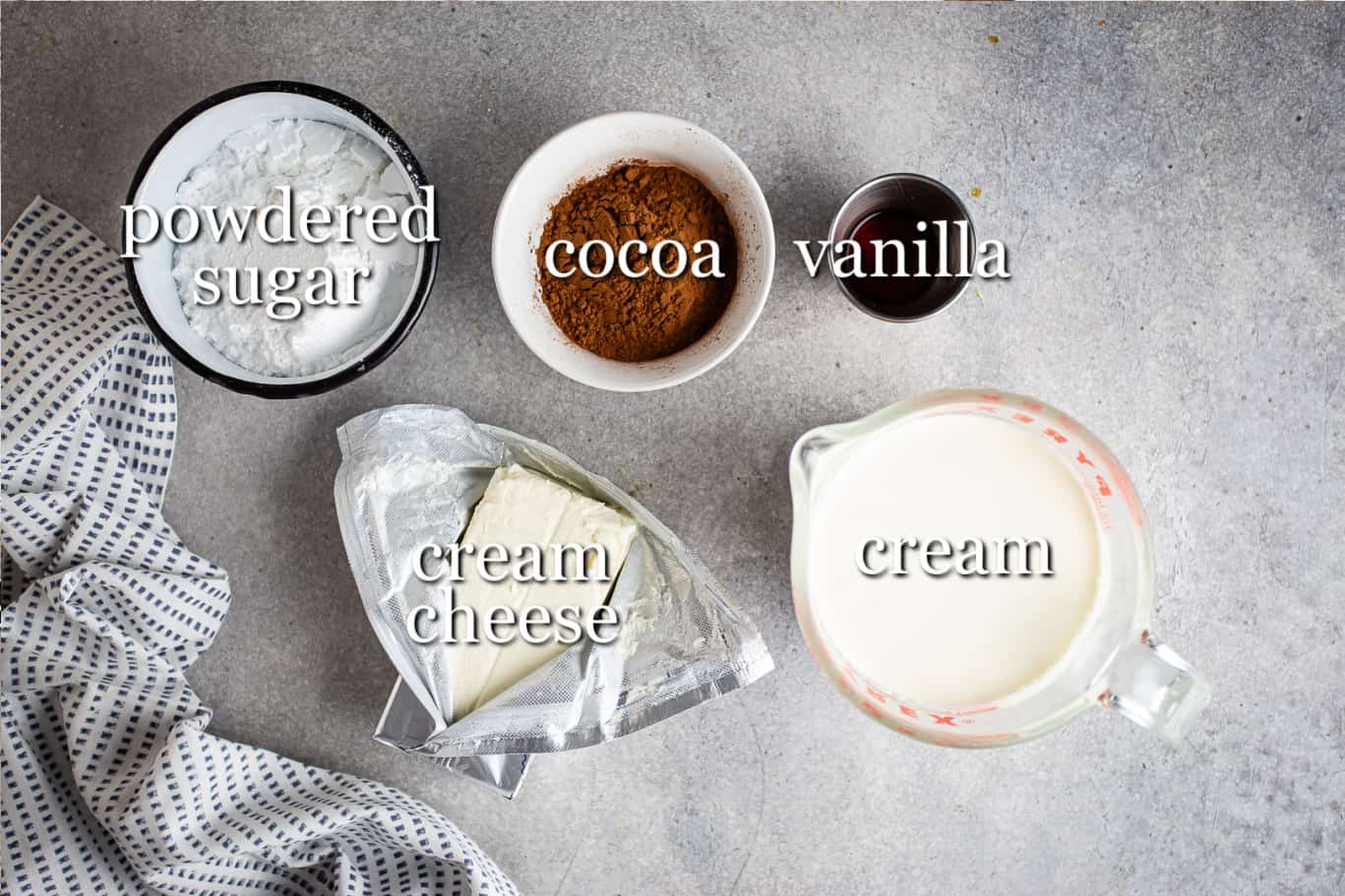 Ingredients for making chocolate whipped cream, with text labels.