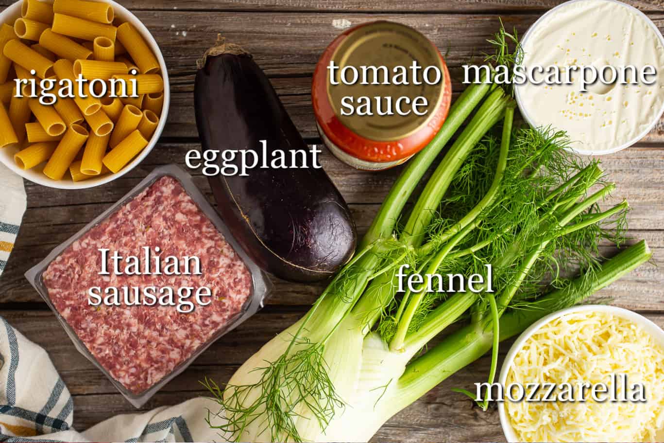 Ingredients for making baked rigatoni, with text labels.