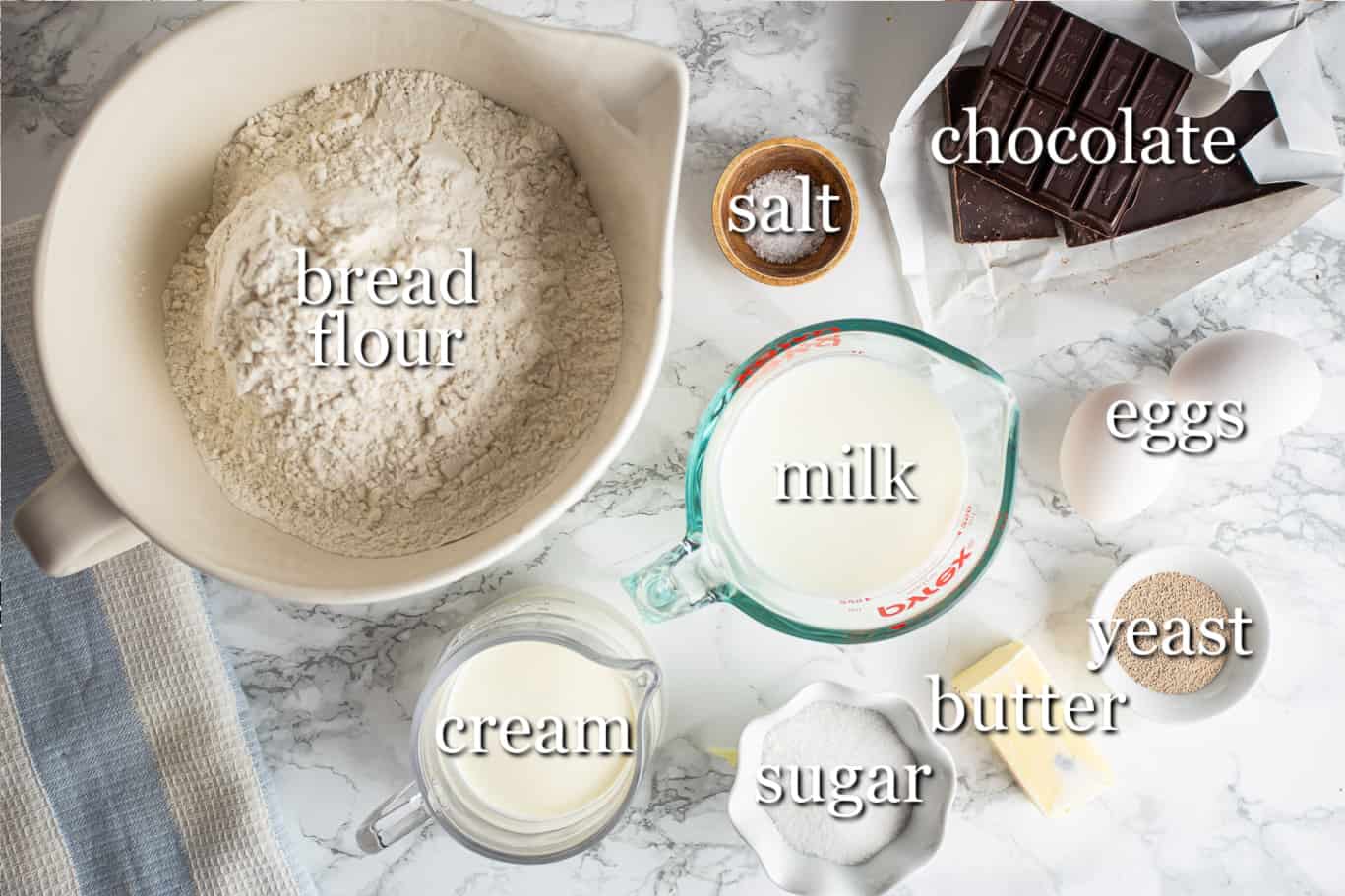 Ingredients for making chocolate babka, with text labels.
