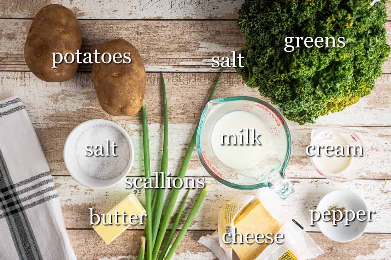 Ingredients for making colcannon, with text labels.