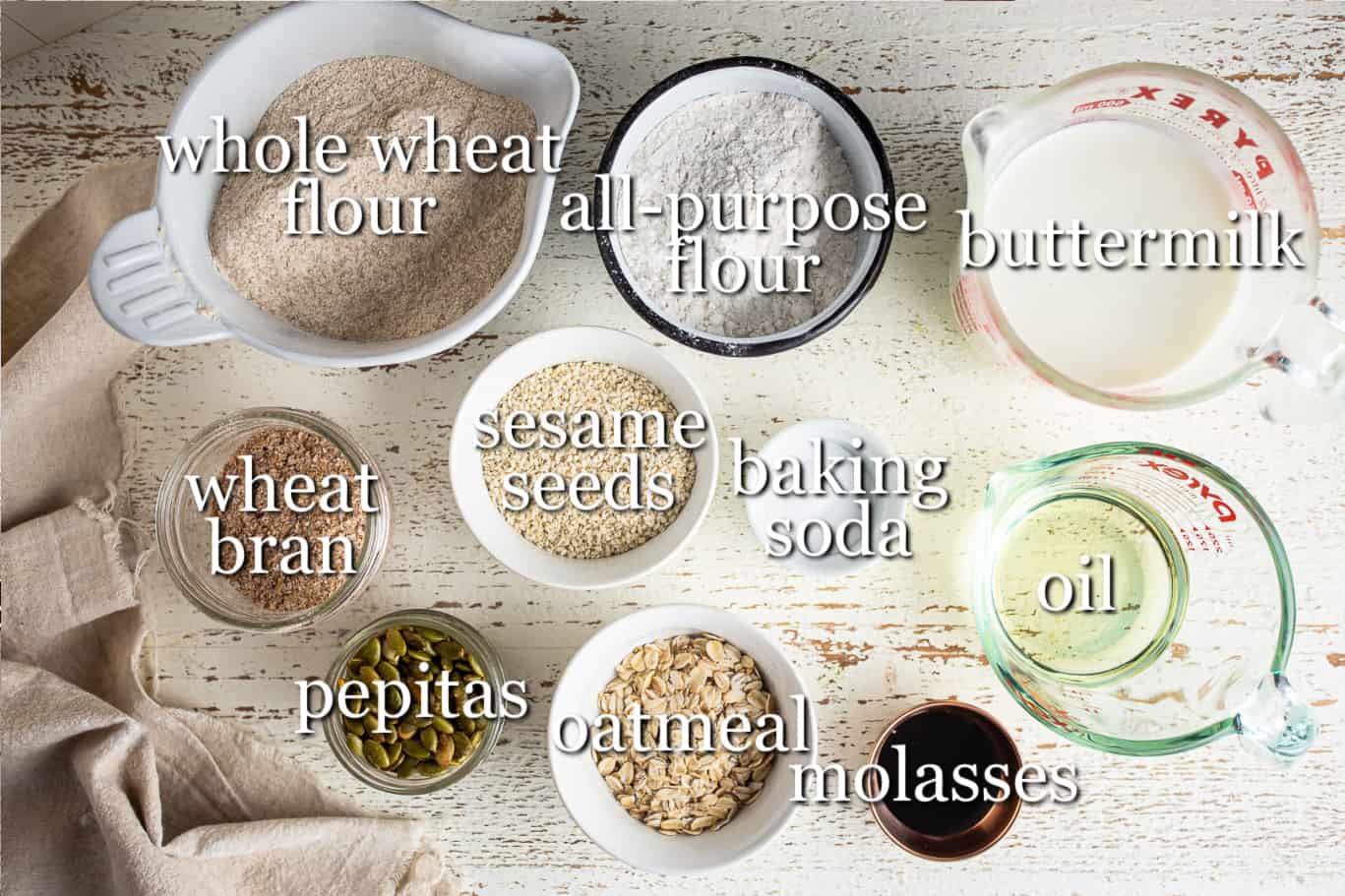 Ingredients for making Irish brown bread, with text labels.