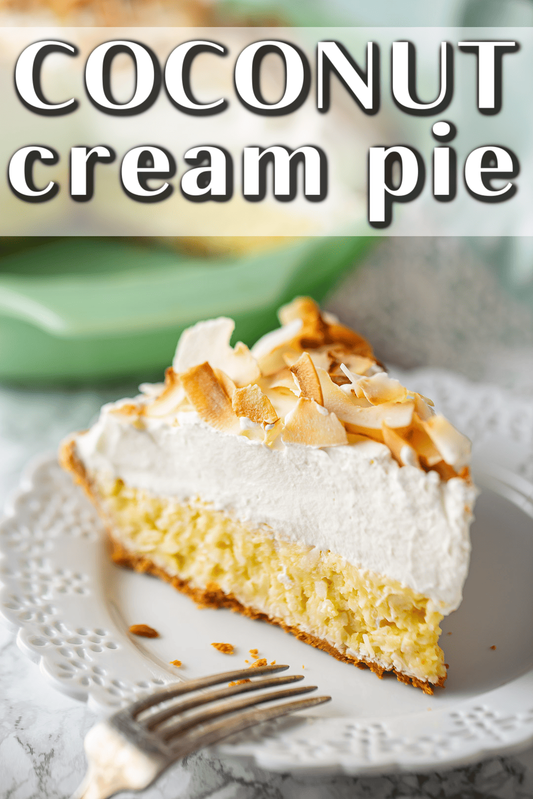 Coconut cream pie recipe, made, sliced, and served with a vintage silver fork.