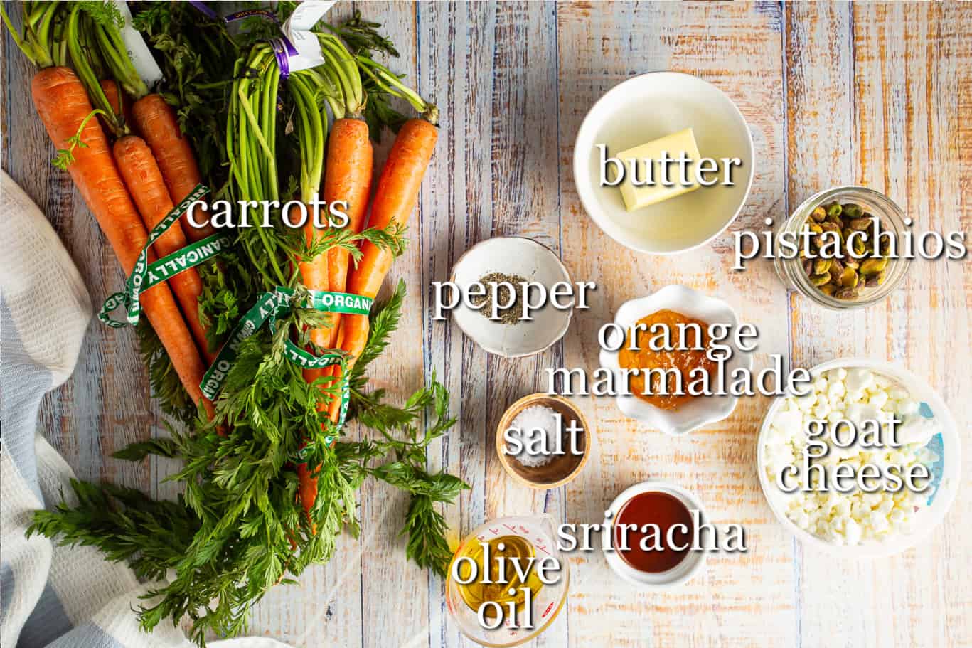 Ingredients for making glazed carrots, with text labels.