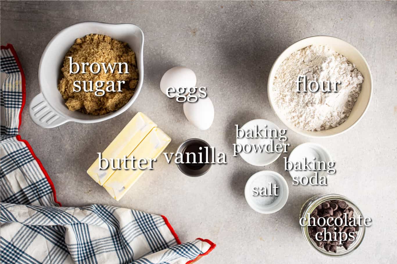 Ingredients for making chocolate chip blondie, with text labels.
