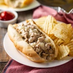 Homemade chicken cheesesteak on a white plate with potato chips and ketchup.