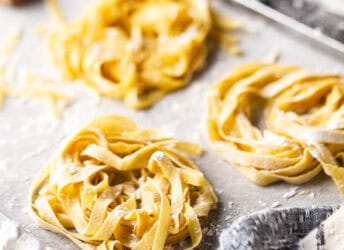 Homemade pasta recipe, prepared and cut into ribbons.