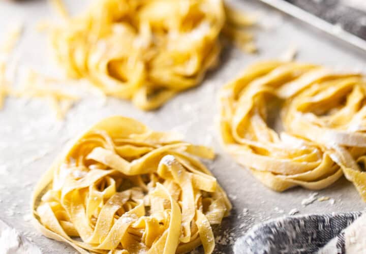 Homemade pasta recipe, prepared and cut into ribbons.
