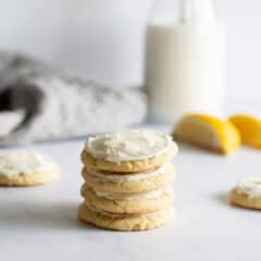 Lemon cookies stacked on top of each other.