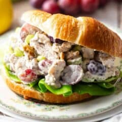 Chicken salad recipe, prepared and served on a split croissant.
