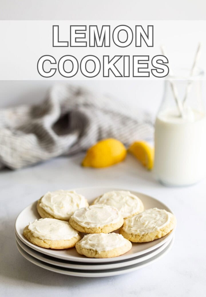 Lemon cookies on a plate with a text overlay