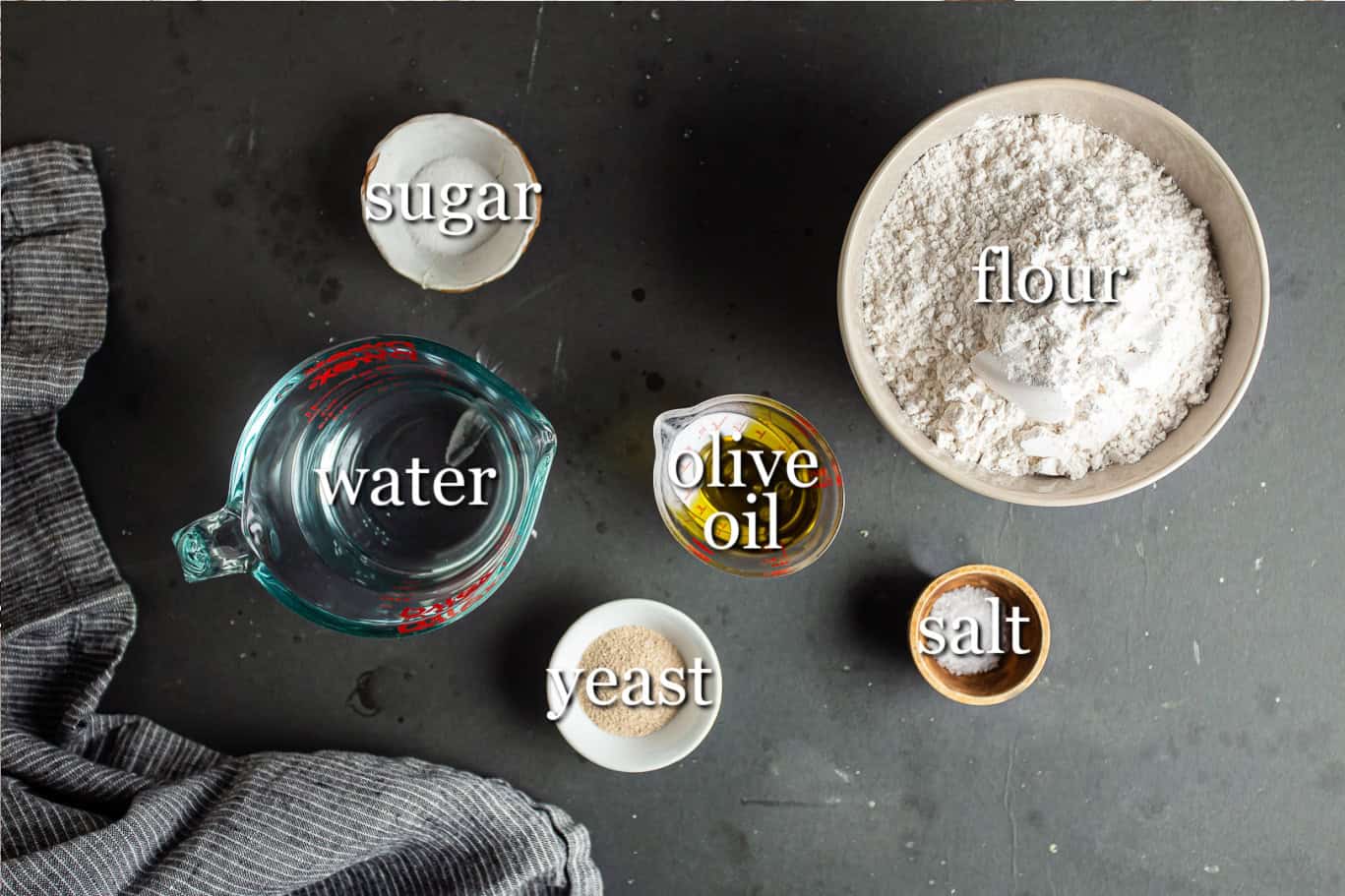 Ingredients for making pita bread, with text labels.