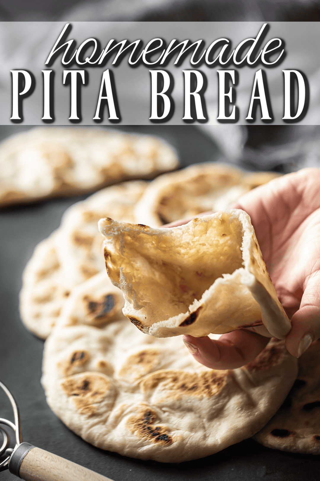 Pita bread halved and opened to reveal the pocket inside.