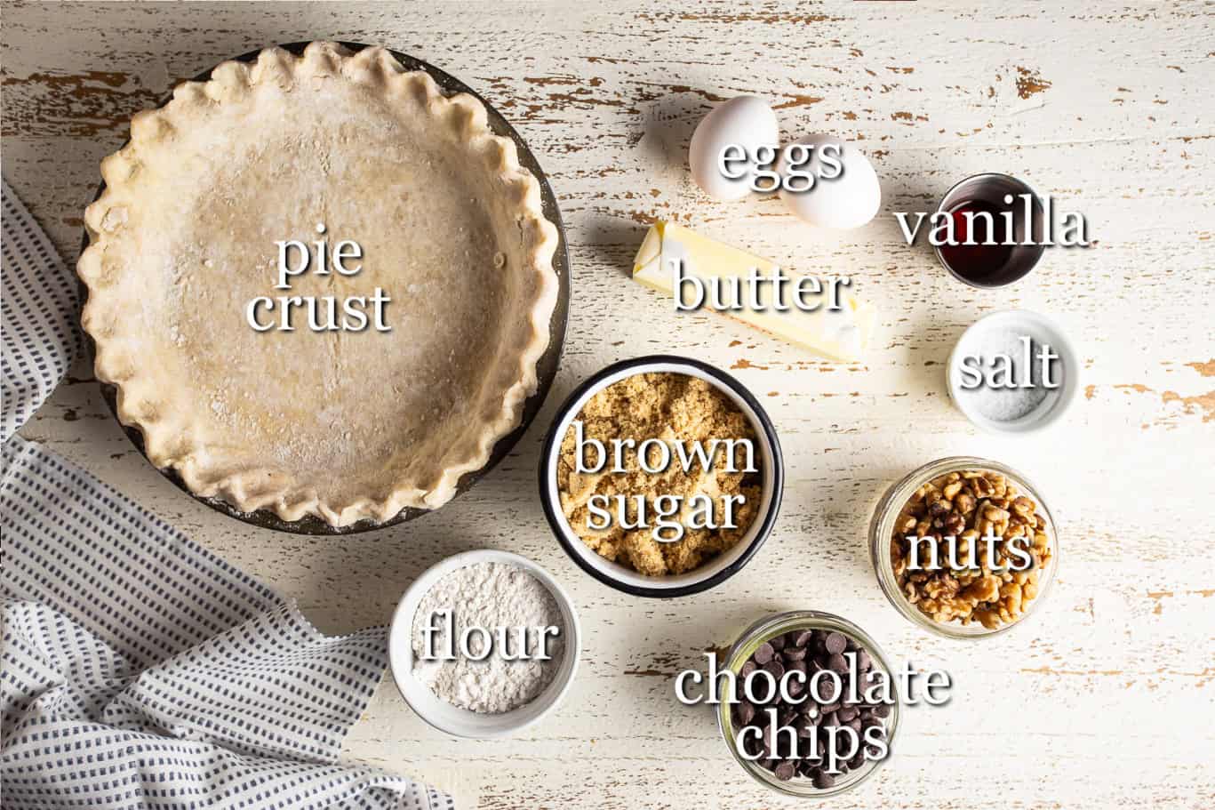 Ingredients for making derby pie, with text labels.